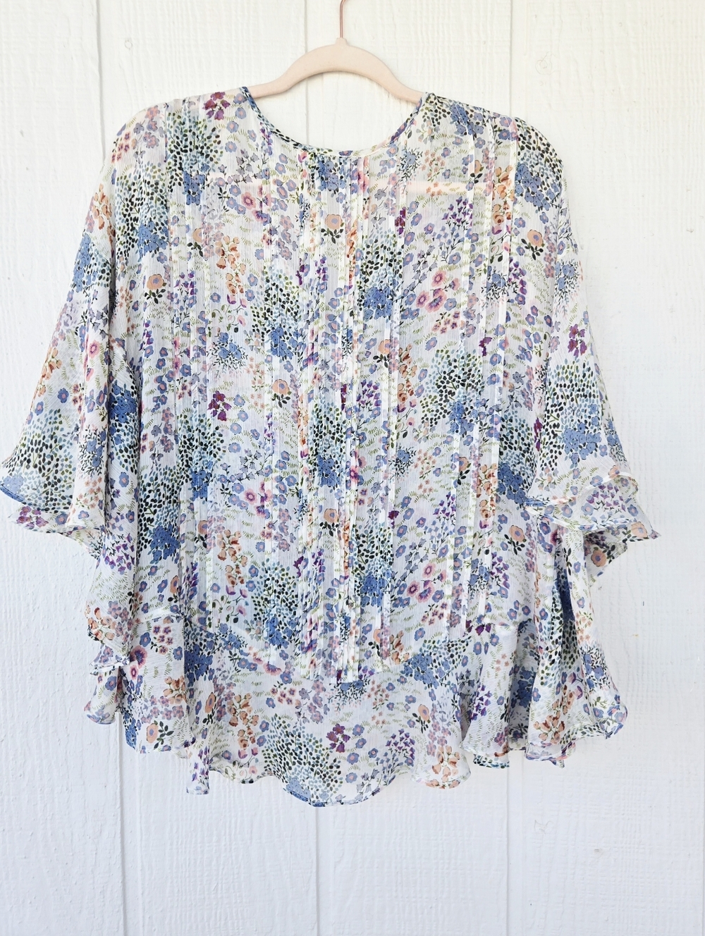 Sundance Sheer Floral Pintuck V Neck Ruffled Poncho Style Peasant Top Small - Picture 3 of 7